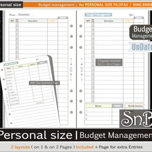 Może przedstawiać: Osobisty planer zarządzania budżetem z nieliniowymi układami. Planer zawiera stronę podsumowania roku i dwa układy, jeden na jednej stronie i drugi na dwóch stronach. Zaprojektowany dla Filofax i segregatorów.