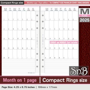 SnB Compact - Typo Edition - Monthly Logs on 1 page - 2025 - Printable Monthly inserts for Franklin Covey binders