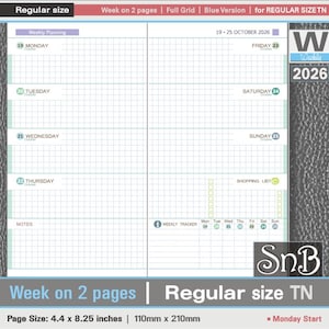 SnB RG - Full Grid Blue - Week on 2 pages - 2025 / 2026 - Printable Weekly inserts for Traveler's Notebooks