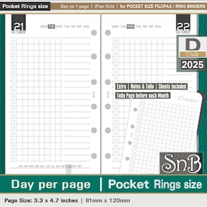 SnB Pocket rings - iPlan Grid - Day on 1 page - 2025 - Printable Daily inserts for Filofax / Ring Binders