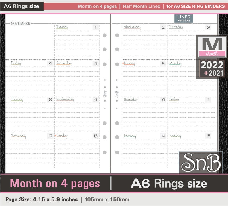 Snb A6 Rings Half Month Spreads 22 Printable Monthly Etsy 日本