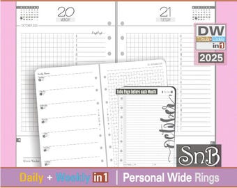 May include: A planner with a pink border, featuring a grid layout for daily and weekly planning. The pages are dated October 2025, with the text "Personal Wide Rings" and "Daily + Weekly in 1". Page size is 120mm x 171mm.