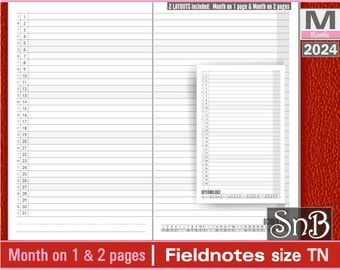 SnB FN  - Lined Month on 1 pages and on 2 pages - 2023 / 2024 - Printable Monthly inserts for Traveler's Notebooks