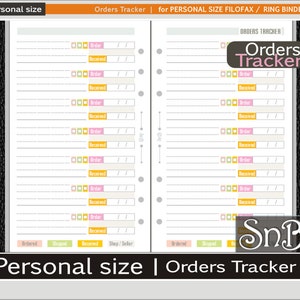 May include: A printable planner page for tracking orders. The page is designed for personal size Filofax or ring binders. The page has sections for "Ordered", "Shipped", "Received", and "Shop/Seller". The page also includes a checklist for each order with boxes for "Order", "Received", and "Shipped".