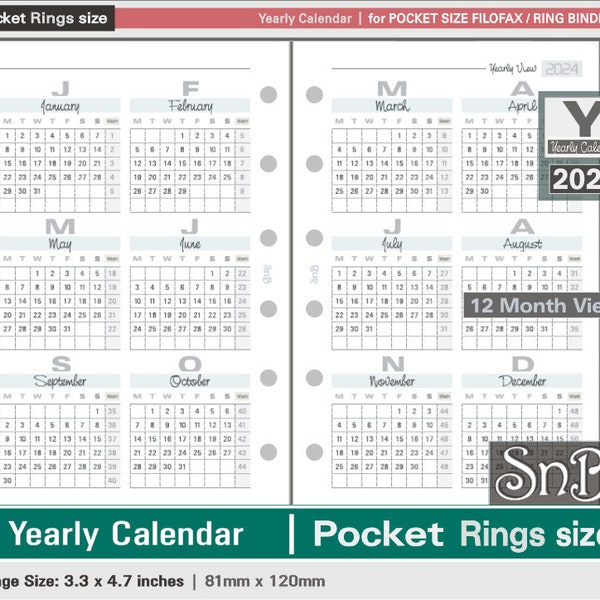 SnB Pocket rings - Typo Edition - Yearly Calendar - 2023 / 2024 - Printable Monthly inserts for Filofax / Ring Binders