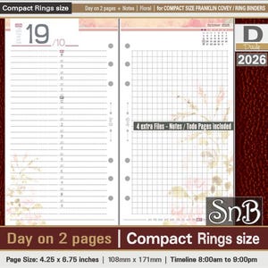 SnB Compact - Floral - Day on 2 pages - 2026 - Printable Daily inserts for Franklin Covey binders