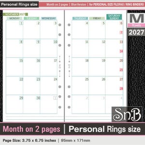 SnB Personal rings - Blue Small Weekends - Month on 2 pages - 2026 / 2027 - Printable Monthly inserts for Filofax / Ring Binders
