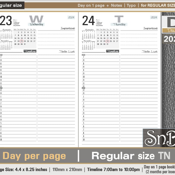 SnB RG - Typo Edition - Day on 1 page - 2023 / 2024 - Printable Daily inserts for Traveler's Notebooks