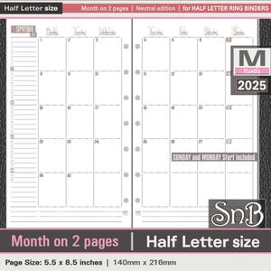 SnB Half Letter rings - Neutral Edition - Month on 2 pages - 2025 - Printable monthly inserts for Half Letter / FC CLASSIC BINDERS