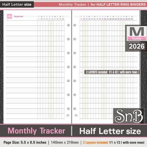 May include: A monthly tracker insert for half-letter ring binders. The white pages feature a grid layout for tracking daily activities, with the text "Monthly Tracker" and "Half Letter size". The page size is 140mm x 216mm.