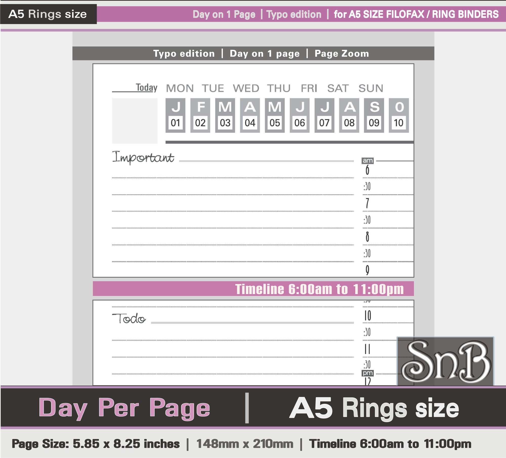 Snb A5 Rings - Typo Edition - Day on 1 Page - Undated - Printable Daily ...