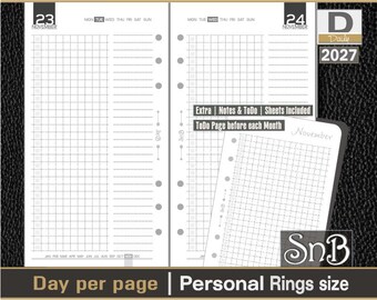 SnB Personal rings - iPlan Grid - Day on 1 page - 2027 - Printable Daily inserts for Filofax / Ring Binders