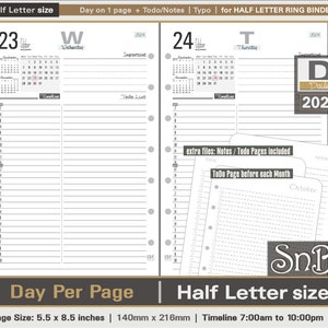SnB Half Letter rings - Typo Edition - Day on 1 page - 2023 / 2024 - Printable Daily inserts for Half Letter / FC CLASSIC BINDERS
