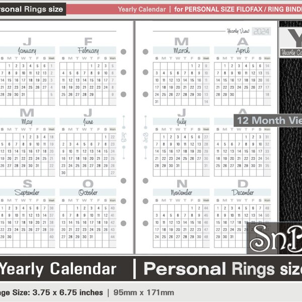 SnB Personal rings - Typo Edition - Yearly Calendar -  2023 / 2024 - Printable Monthly inserts for Filofax / Ring Binders