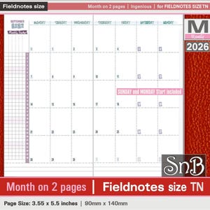 May include: A monthly planner insert for Fieldnotes size TN, featuring a calendar layout for September 2026. The insert includes a weekly tracker and is designed with a pink and white color scheme. The page size is 3.55 x 5.5 inches.
