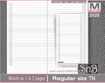 SnB RG - Lined Month on 1 page and on 2 pages - 2025 - Printable Monthly insert for Traveler&#39;s Notebooks