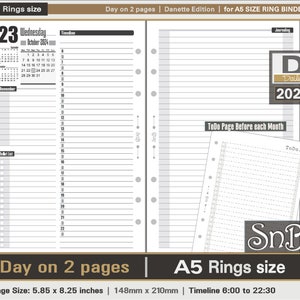 SnB A5 rings - Danette Edition - Day on 2 pages - 2023 / 2024 - Printable Daily inserts for Filofax / Ring Binders