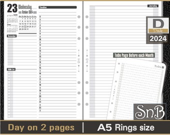 SnB A5 rings - Danette Edition - Day on 2 pages - 2023 / 2024 - Printable Daily inserts for Filofax / Ring Binders