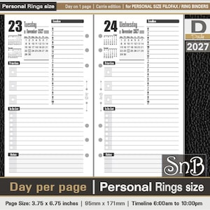 May include: Personal size ring binder planner inserts for 2027, featuring a day-on-one-page layout for Tuesday, November 23 and Wednesday, November 24. Includes a timeline from 6:00am to 10:00pm, priority lists, to-do lists, and notes sections.