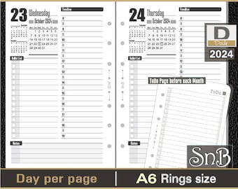 SnB A6 rings - Julia Edition - Day on 1 page - 2023 / 2024 - Printable Daily inserts for Ring Binders