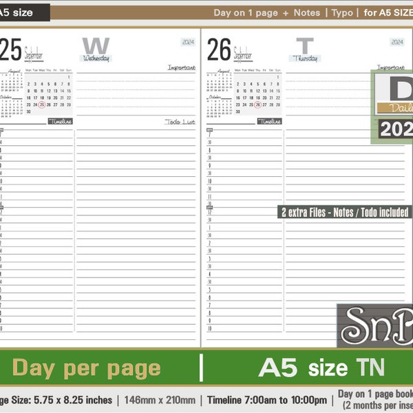 SnB A5 TN - Typo Edition - Day on 1 page - 2023 / 2024 - Printable Daily inserts for Traveler's Notebooks