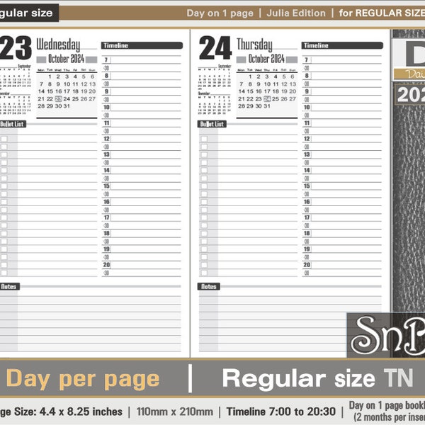 SnB RG - Julia Edition - Day on 1 page - 2023 / 2024 - Printable Daily inserts for Traveler's Notebooks