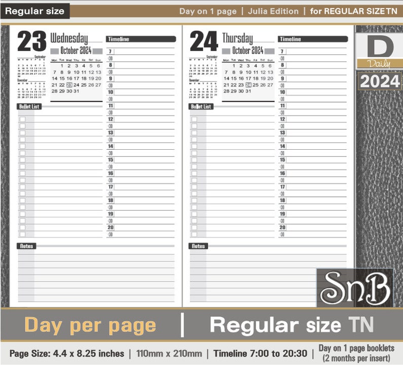 SnB RG Julia Edition Day on 1 page 2023 / 2024 Printable Daily inserts for Traveler's Notebooks Bild 1