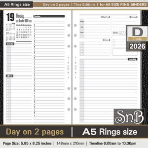 SnB A5 rings - Tina Edition - Day on 2 pages - end2025 / 2026 - Printable Daily inserts for Filofax / Ring Binders
