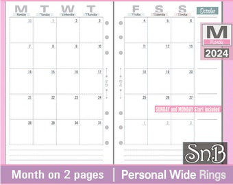 SnB Personal Wide - Typo Edition - Month on 2 pages - 2023 / 2024 - Printable Monthly inserts for Ring Binders