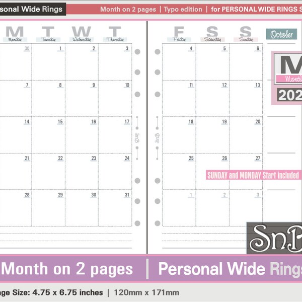 SnB Personal Wide - Typo Edition - Month on 2 pages - 2023 / 2024 - Printable Monthly inserts for Ring Binders