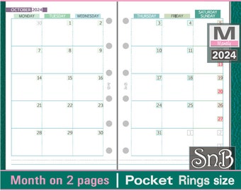 SnB Pocket rings - Blue Small Weekends - Month on 2 pages - 2023 / 2024 - Printable Monthly inserts for Filofax / Ring Binders