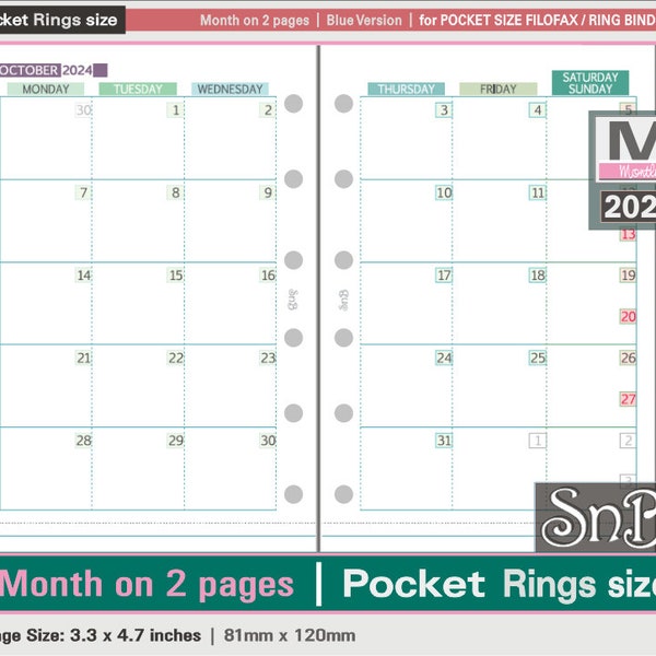SnB Pocket rings - Blue Small Weekends - Month on 2 pages - 2023 / 2024 - Printable Monthly inserts for Filofax / Ring Binders