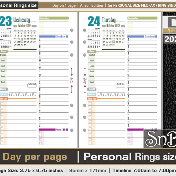 SnB Personal rings - Alison Edition - Day on 1 page - 2023 / 2024 - Printable Daily inserts for Filofax / Ring Binders