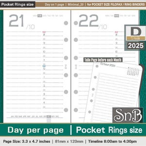 SnB Pocket rings -  Minimal 20 - Lined - Day on 1 page - 2025 - Printable Daily inserts for Filofax / Ring Binders