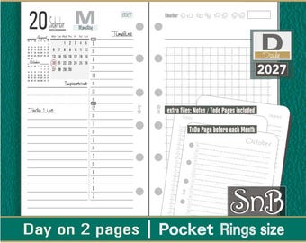 May include: A 2027 pocket-sized ring binder planner insert featuring a day-on-two-pages layout. The white paper includes a calendar, timeline from 8am to 7pm, to-do list, and notes section. Text includes Pocket Rings size, 2027, and SnB. Page size is 3.3 x 4.7 inches.