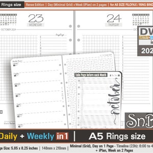 SnB A5 rings - Renee Edition - Week and Day in One - 2023 / 2024 - Printable Daily inserts for Filofax / ring binders