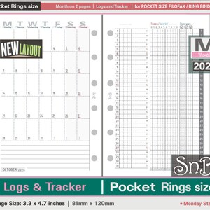 SnB Pocket rings - Monthly logs and Habit Tracker Spread - 2023 / 2024 - Printable Monthly inserts for Filofax / Ring Binders