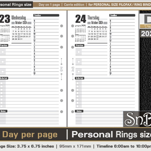 SnB Personal rings - Carrie Edition - Day on 1 page - 2023 / 2024 - Printable Daily inserts for Filofax / Ring Binders
