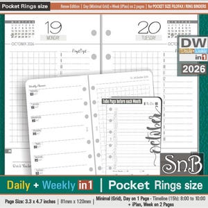 SnB Pocket rings - Renee Edition - Week and Day in One - 2025 / 2026 - Printable Daily inserts for Filofax / Ring Binders