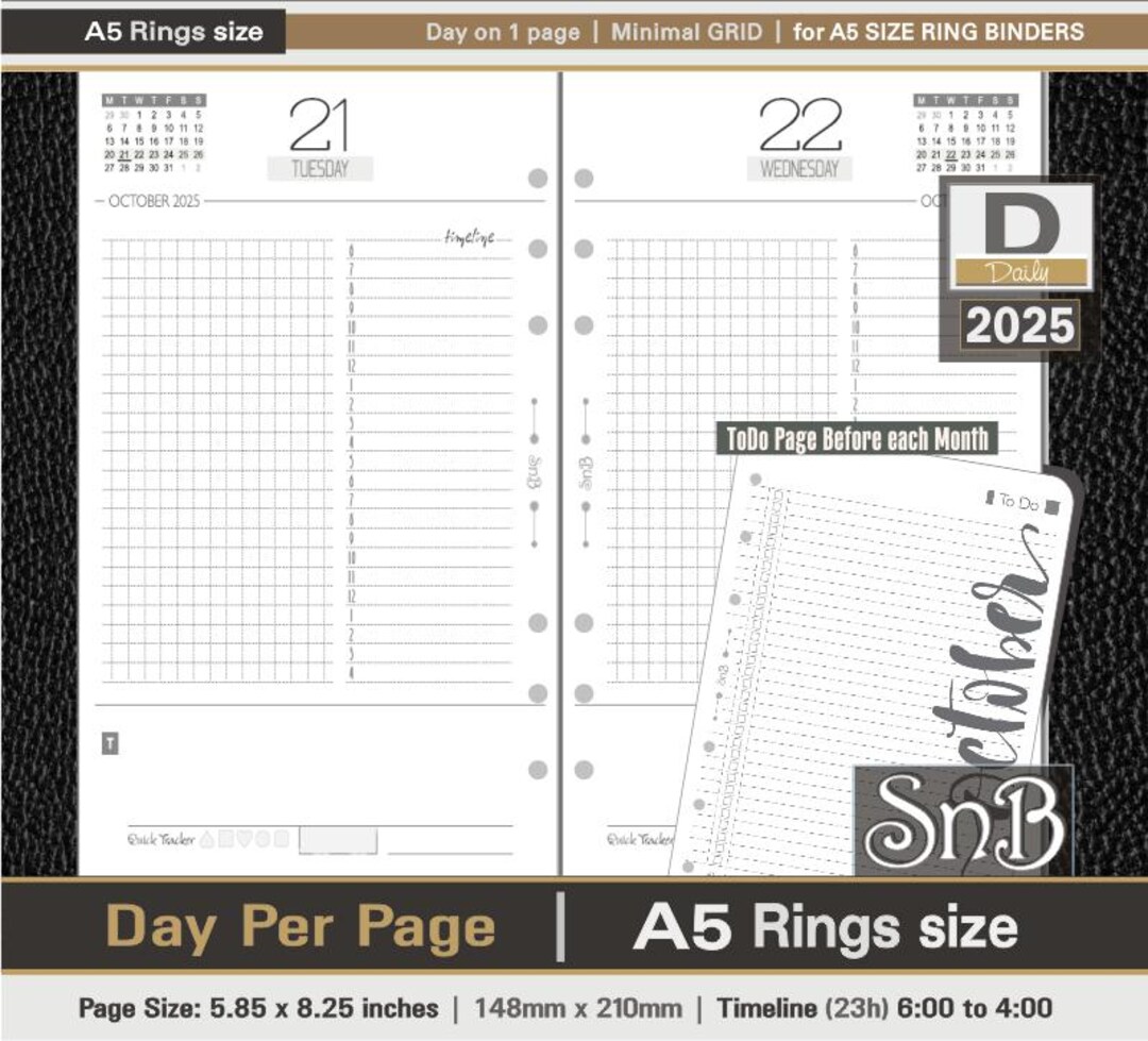 Buy Snb A5 Rings - Minimal - Grid - Day on 1 Page - 2025 - Printable ...