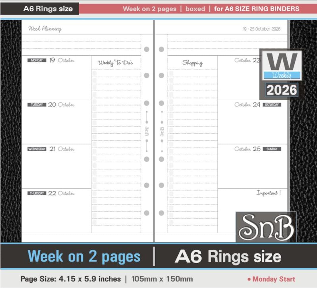Snb A6 Rings - Boxed - Week on 2 Pages - 2025 / 2026 - Printable Weekly ...