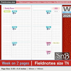 SnB FN - Suzee Color - Week on 2 pages - 2025 / 2026 - Printable Weekly inserts for Traveler's Notebooks