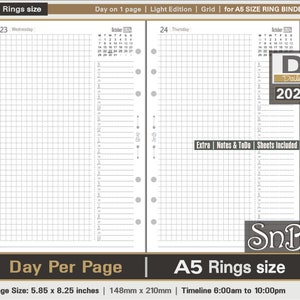 SnB A5 rings - Light Edition - Grid - Day on 1 page - 2023 / 2024 - Printable Daily inserts for Filofax / ring binders