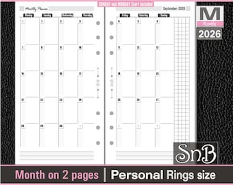 SnB Personal rings - Month on 2 pages - 2025 / 2026 - Printable Monthly inserts for Filofax / Ring Binders