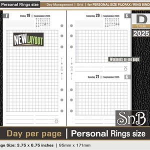 SnB Personal rings - Day Management_Grid - Day on 1 page - 2025 - Printable Daily inserts for Filofax / Ring Binders