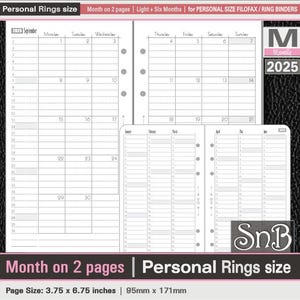 SnB Personal rings - Light Month on 2 pages + 6 months view - 2025 - Printable Monthly inserts for Filofax / Ring Binders