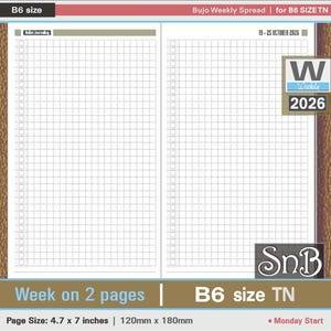 SnB B6 - Bu-Jo Weekly Spread - 2025 / 2026 - Printable Weekly inserts for Traveler's Notebooks