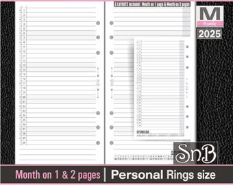 SnB Personal rings - Lined Month on 1 pages and on 2 pages - 2025 - Printable Monthly inserts for Filofax / Ring Binders