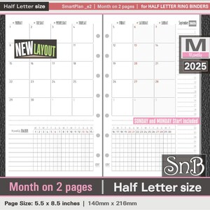 SnB Half Letter rings - SmartPlan E2 - Month on 2 pages - 2025 - Printable Monthly inserts for Half Letter / FC CLASSIC BINDERS