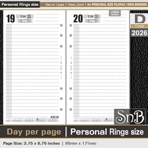 SnB Personal rings - Clean Edition - Lined - Day on 1 page - 2025 / 2026 - Printable Daily inserts for Filofax / Ring Binders
